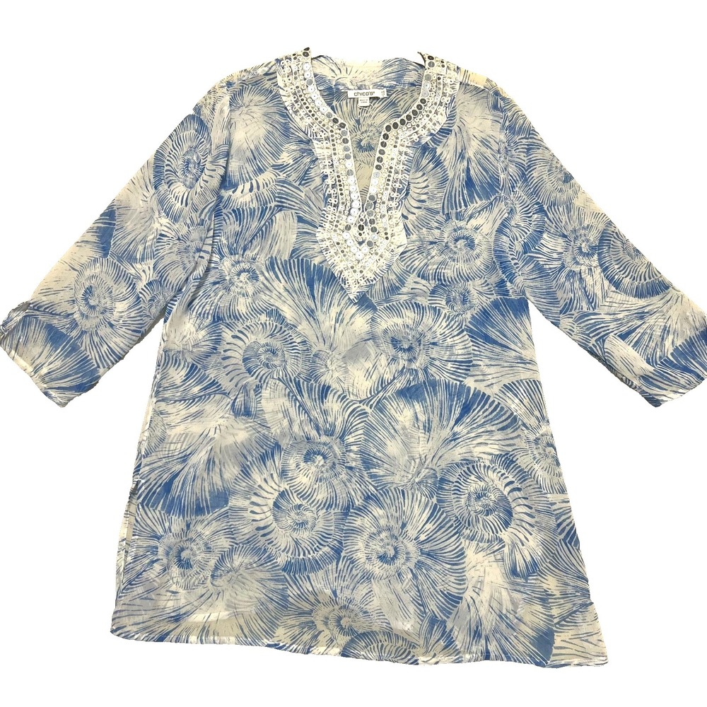 Chico's Tunic Blouse Women Size 0.5 (US 6) Blue Seashore Shell Print Embellished